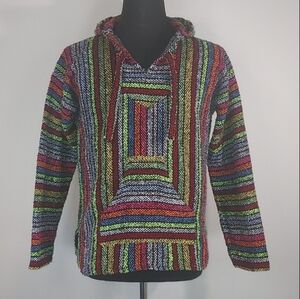 Mexican Textiles Sandy Multi-Color Baja Jerga Hoodie Poncho Size Large